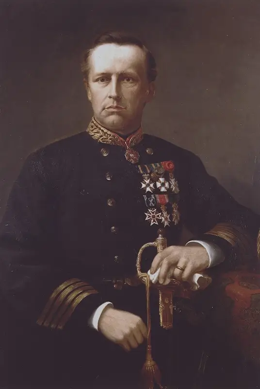 historic painted portrait of a man wearing a military uniform and holding a sword while sitting