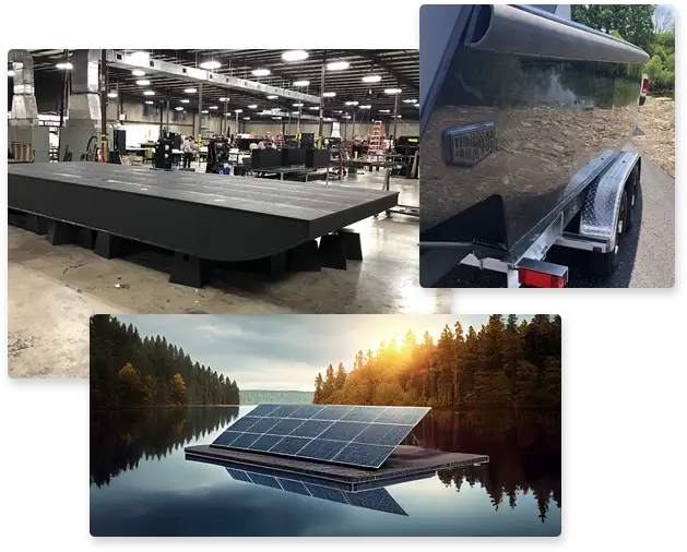 image collage of HDPE barge being build in a factory setting, HDPE fenders on the side of a boat, and solar panels on an HDPE barge in a wooded lake setting